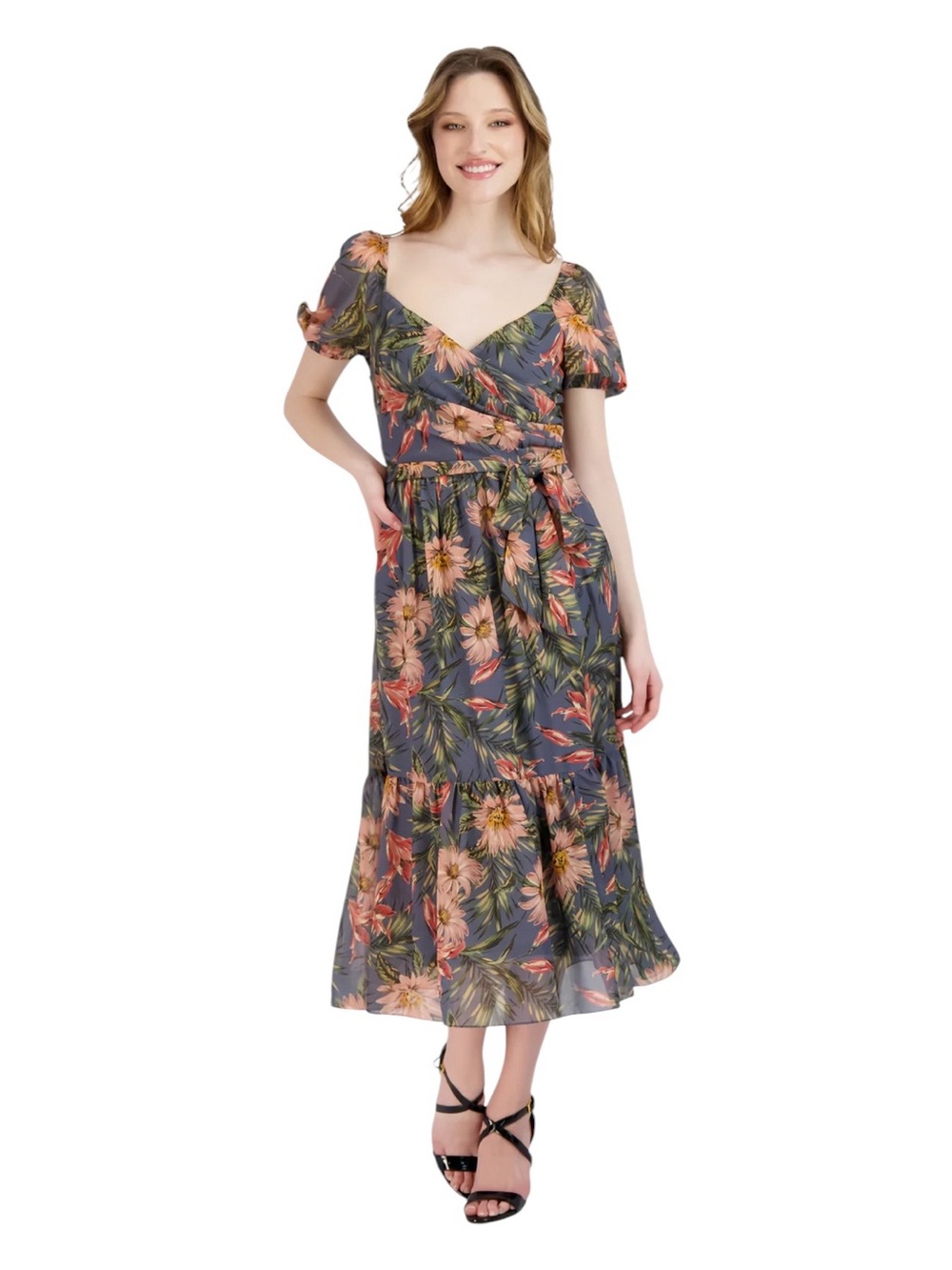 Julia Jordan Muted Floral Sweetheart Neck Peasant Dress | Size 8 | Medium